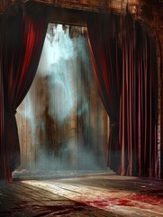 The intense red curtains and billowing smoke create a dramatic and mysterious atmosphere on the indoor stage, setting the scene for a captivating performance