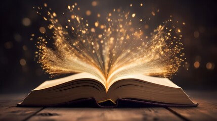 Open book glowing with magic light and sparkles - obrazy, fototapety, plakaty