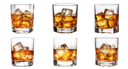 Collection of a glass of rich, amber whisky bourbon, symbolizing luxury and relaxation. Perfect for a refined audience seeking quality spirits. Transparent background, PNG