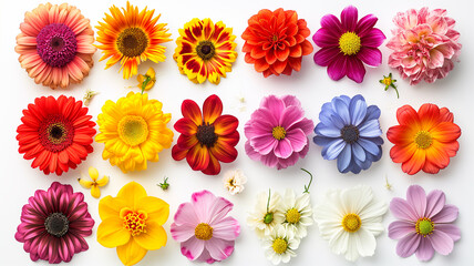 Top view of head shot flowers full depth of field on a white background