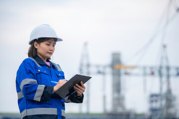 Asian woman petrochemical engineer working at oil and gas refinery plant industry factory,The people worker man engineer work control at power plant energy industry manufacturing