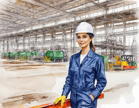 watercolor drawing. Portrait of Industry maintenance engineer woman wearing uniform and safety hard hat on factory station. Industry, Engineer, construction concept.