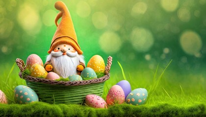 Fototapeta na wymiar Garden gnome with Easter decoration 