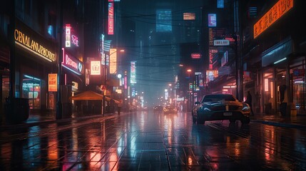 Fototapeta na wymiar A futuristic cityscape at night featuring holograph