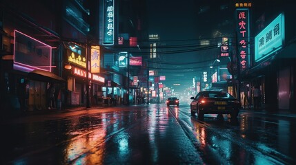 A futuristic cityscape at night featuring holograph