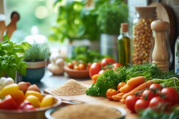 A close-up shot of a beautifully arranged kitchen counter featuring vibrant, fresh ingredients like colorful vegetables, grains, and plant-based proteins