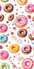 watercolor drawing. Donuts and confectionery topping flying over white background.