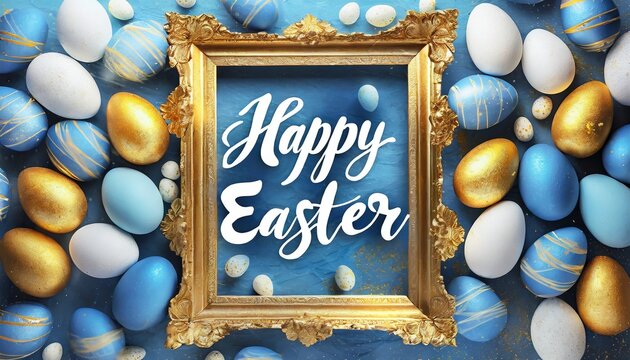 golden easter frame on blue background with decorations and text