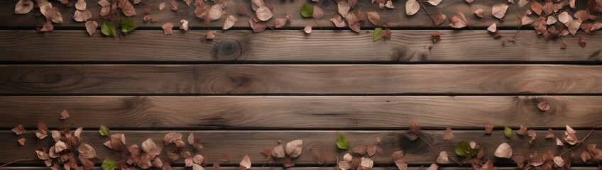 A top-down view of a rustic wooden table with scattered petals and foliage, forming a natural copy space.