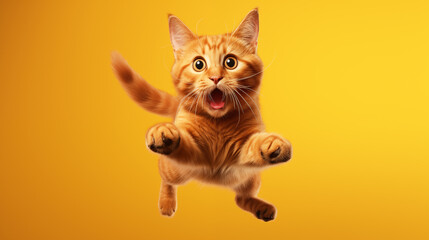 Red cat jumping up and down on a yellow background. The red cat is shocked. A funny looking red cat