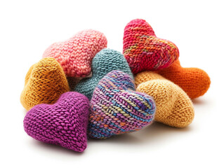 Colorful knitted hearts made of wool isolated on white background. Minimalist style.  