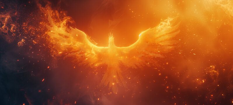 An abstract representation of Bitcoin emerges as a phoenix rising from pixelated ashes, embodying the resilience and transformative power of the cryptocurrency