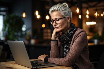 A thoughtful woman in glasses sits at a table, her hand resting on her chin as she uses her laptop, surrounded by the comforts of her indoor space