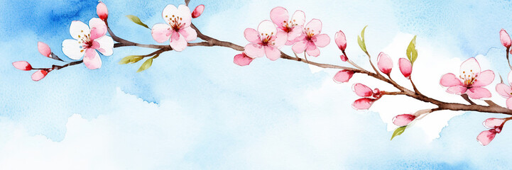watercolor drawing. Spring banner with branches of blossoming cherry background with blue sky, landscape panorama, copy space.