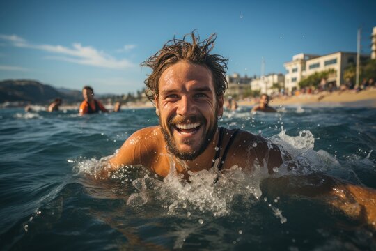 A joyous man embraces the vastness of the ocean, basking in the warmth of the sun as he swims towards the horizon with a beaming smile on his face