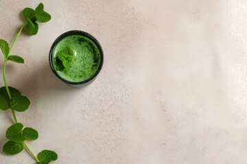 A single green smoothie in a clean and modern setting highlighting the simplicity and purity of the ingredients