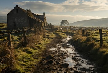 A serene rural landscape unfolds, with a narrow muddy road leading to a quaint croft house, surrounded by rolling green hills and a flock of sheep grazing under a cloudy sky - obrazy, fototapety, plakaty