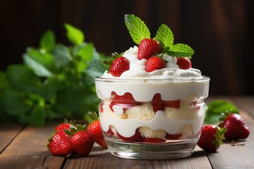 Indulge in a luscious dessert, bursting with the sweetness of alpine and virginia strawberries, topped with fluffy whipped cream and a touch of coconut cream, all nestled in a delicate pastry and ser