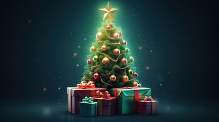 Obraz premium Ornament fir tree on wood table near bank of snow, plant twig, snowflakes and fairy lights