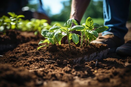A gardener carefully tends to their outdoor herb garden, gently planting a young vegetable in rich soil mixed with compost, their feet clad in sturdy farmworker footwear as they nurture new life from