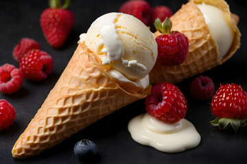 View from above of creamy milk ice cream in a cornet cone with strawberries and forest fruits