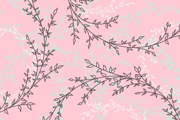 Luxurious floral pink abstract background with small foliage and branches. Vector design template for postcard, wall poster, business card, flyer, banner, wedding invitation, print, cover, wallpaper