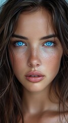 Fototapeta premium A captivating portrait of a woman with long brown hair and striking eyes, adorned with perfectly applied makeup and eyelash extensions, showcasing the intricate details of her human face