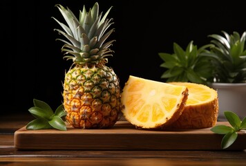 An exotic pairing of a juicy pineapple and its vibrant slice, radiating freshness and vitality on a rustic table, embodying the essence of natural foods and the power of citrus as a superfood