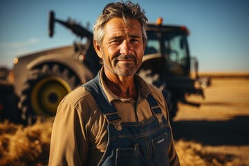 Fototapeta na wymiar A rugged man, dressed in overalls, stands proudly in front of his trusty tractor, surrounded by the vast expanse of a golden field and a bright blue sky, a symbol of hard work, determination, and the