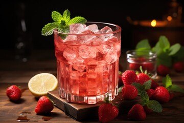 Indulge in a refreshing and vibrant summer drink, garnished with citrus and mint leaves, as you sip on a classic red wine cocktail in a highball glass filled with ice cubes - obrazy, fototapety, plakaty