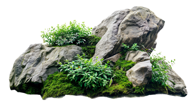 Large rocks with overgrown foliage and moss, plants and foliage around, green nature, isolated on transparent background