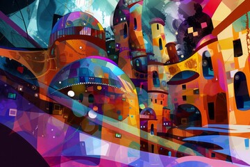 An abstract portrayal of a pillow metropolis with a burst of colors and fantastical shapes. The scene invites children to envision lively characters residing in the pillow abodes