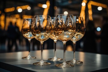 A symphony of elegance and indulgence, as sparkling wine glasses gather on a table, waiting to be filled with the intoxicating nectar of celebration and sophistication - obrazy, fototapety, plakaty
