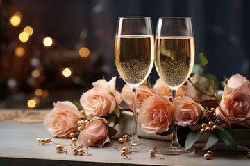 Romantic table setting with elegant champagne stemware and a beautiful floral centrepiece, perfect for a wedding celebration