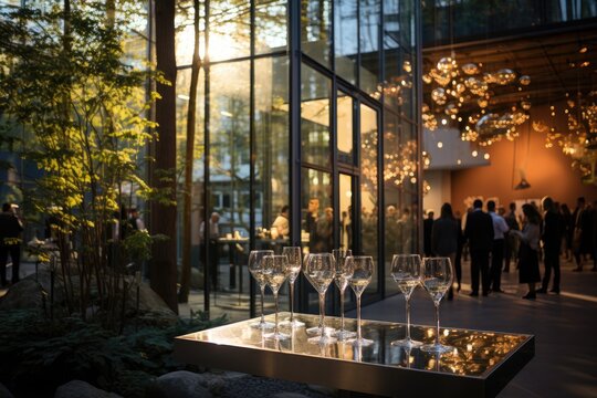 Amidst The Bustling City, A Group Of People Gather Around A Table Adorned With Wine Glasses, Basking In The Warm Glow Of Outdoor Lighting Under A Tree, Creating A Serene And Inviting Ambiance