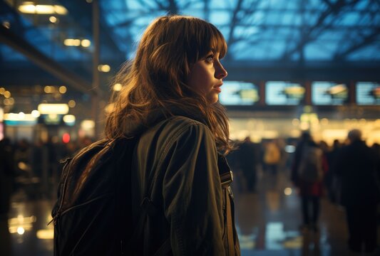 In The Bustling City Streets At Night, A Woman Stands Alone, Her Face Turned Away From The Camera As She Showcases Her Street Fashion In A Stylish Coat Against The Backdrop Of A Towering Building