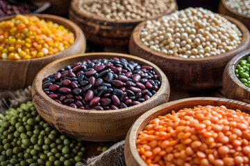 WOODEN BOWLS WITH LEGUMES. SEEN FROM CLOSE.