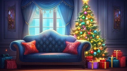 Festive interior with many presents on comfortable sofa and decorated christmas tree