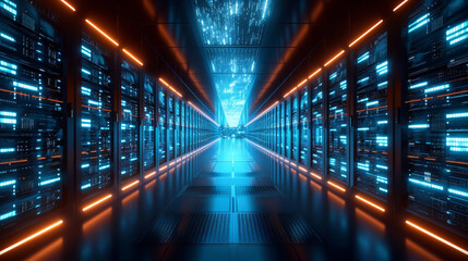 Huge server room with modern technology, illustration of personal data information and files library online and local backup and server upload. - obrazy, fototapety, plakaty