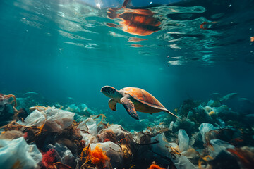 Fototapeta na wymiar Sea turtle swimming in its habitat contaminated by garbage and human waste. Aquatic pollution concept. Generative AI