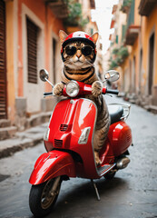 a cat in a helmet and sunglasses rides a red scooter around the city