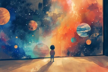 A child's cosmic adventure where the room becomes a fantastical space filled with vibrant galaxies and whimsical planets. The child donned in an astronaut outfit explores this imaginative universe