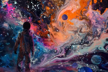 An abstract interpretation of a child's journey into space, with a burst of colors, shapes, and cosmic elements