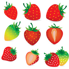 set of Strawberry icon, vector collection. Beautiful red strawberry. Fresh fruits icon. Strawberry and a half of strawberry isolated on white background. Vector illustration.