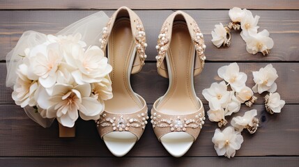 Wedding accessory bride. Stylish beige shoes, earrings, gold rings, flowers, garter on wooden background.