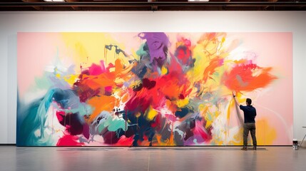 An artist working on a large, abstract canvas.