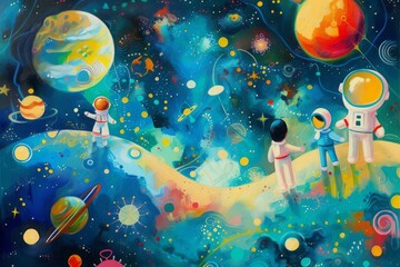An artistic representation of children's cosmic exploration where every toy becomes a celestial body in a vibrant galaxy