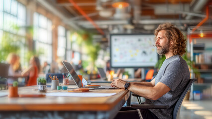 IT professional works in modern sustainable workspace, embodying eco-friendly and innovative work culture, perfect for businesses promoting green initiatives and productivity in technology sector