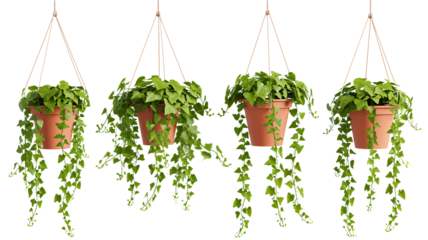 Set of hanging ivy plants on pot, isolated on transparent background