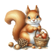 Cute squirrel with a basket of nuts isolated on a transparent background. Watercolor illustration